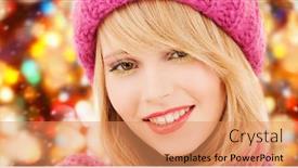 Presentation with christmas holidays - Amazing PPT theme having happiness winter holidays christmas and people concept - smiling close up of young woman in pink hat and scarf over red lights background backdrop and a coral colored foreground