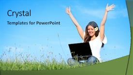  Presentation with happiness in life - Cool new slide set with happiness woman working with laptop backdrop and a light blue colored foreground