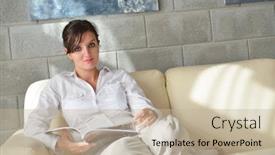  Presentation with living room - Cool new slide deck with happpy-young-woman-reading-magazina backdrop and a mint green colored foreground