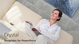  Presentation with living room - Audience pleasing slide set consisting of happpy-young-woman-reading-magazina backdrop and a soft green colored foreground