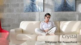  Presentation with living room - Audience pleasing slide set consisting of happpy-young-woman-reading-magazina backdrop and a soft green colored foreground