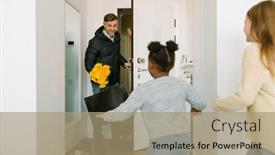  Presentation with father - PPT theme featuring happy-adoptive-sisters-meeting background and a coral colored foreground