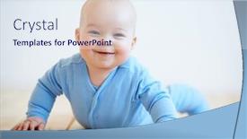  Presentation with baby smile - Slides enhanced with happy adorable little baby boy with a beaming smile raising himself up on his hands as he crawls on the floor to look at the camera background and a sky blue colored foreground