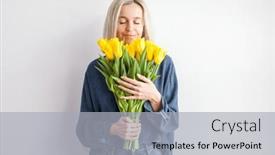 Presentation with happy birthday - PPT layouts with happy-adult-woman-hold-flowers background and a light gray colored foreground