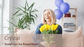  Presentation with happy birthday - Presentation design featuring happy-adult-woman-hold-flowers background and a soft green colored foreground