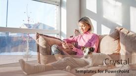  Presentation with smartphone app - Slide set with happy-adult-woman-holding-smartphone background and a coral colored foreground