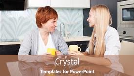  Presentation with family talking - Presentation design having happy adult woman with daughter on kitchen family at home talking and drinking tea background and a coral colored foreground