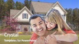  Presentation with race - Colorful presentation theme enhanced with happy affectionate mixed race couple hugging in front of house backdrop and a coral colored foreground