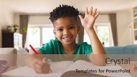 Presentation with happy life - PPT theme with happy-african-american-boy-sitting background and a coral colored foreground