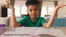  Presentation with happy life - PPT layouts with happy-african-american-boy-sitting background and a coral colored foreground