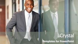  Presentation with african american business - Colorful PPT theme enhanced with happy african american business executive backdrop and a gray colored foreground