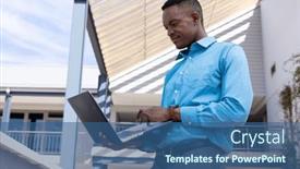  Presentation with global laptop - PPT theme having happy-african-american-businessman-using background and a ocean colored foreground
