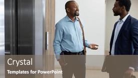 Presentation with lift - PPT theme featuring happy-african-american-businessmen-waiting background and a  colored foreground