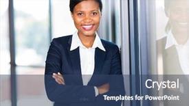  Presentation with african american - Amazing presentation design having happy african american businesswoman closeup backdrop and a ocean colored foreground