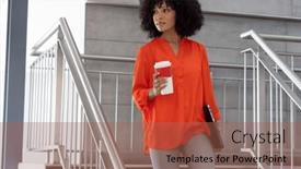  Presentation with takeaway coffee - Presentation theme having happy-african-american-businesswoman-walking background and a red colored foreground
