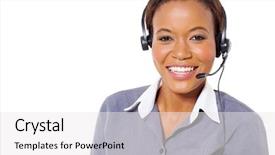  Presentation with call center - Cool new theme with happy african american call center backdrop and a white colored foreground