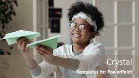  Presentation with paper planes - Presentation theme having happy-african-american-child background and a coral colored foreground