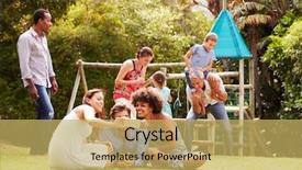  Presentation with kids garden - Audience pleasing PPT theme consisting of happy african american father mixed race son playing piggyback park - adults and kids having fun backdrop and a yellow colored foreground