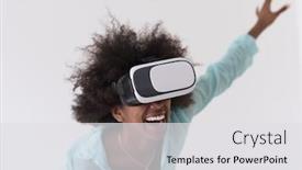  Presentation with experience - PPT layouts with happy african american girl getting experience using vr headset glasses of virtual reality isolated on white background background and a white colored foreground