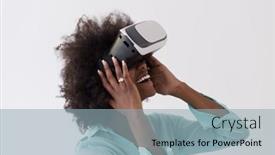  Presentation with experience - Cool new theme with happy african american girl getting experience using vr headset glasses of virtual reality isolated on white background backdrop and a light blue colored foreground