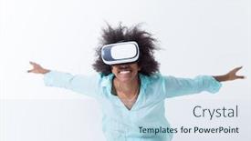  Presentation with experience - Audience pleasing presentation theme consisting of happy african american girl getting experience using vr headset glasses of virtual reality isolated on white background backdrop and a sky blue colored foreground