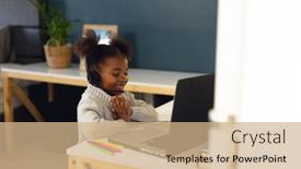  Presentation with distance learning - Presentation theme consisting of happy-african-american-girl-learning background and a coral colored foreground