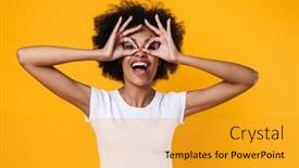  Presentation with binocular - Colorful slide deck enhanced with happy-african-american-girl-smiling backdrop and a gold colored foreground