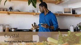  Presentation with alone - PPT theme with happy-african-american-man-cooking background and a coral colored foreground