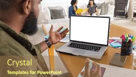  Presentation with remote working - Presentation theme having happy-african-american-man-having background and a coral colored foreground