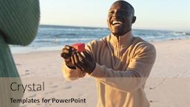  Presentation with kneeling - Slide deck featuring happy-african-american-man-kneeling background and a  colored foreground