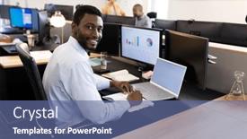  Presentation with corporation - Slides enhanced with happy-african-american-man-working background and a ocean colored foreground