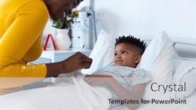  Presentation with african american patient - PPT theme featuring happy-african-american-mother-sitting background and a light gray colored foreground