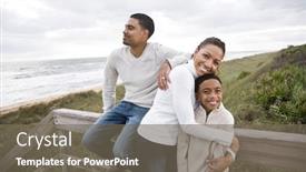  Presentation with parents - Presentation design enhanced with happy african-american parents with ten year old boy smiling and hugging at beach background and a violet colored foreground