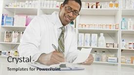  Presentation with pharmacist - Presentation having happy african american pharmacist background and a light gray colored foreground