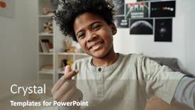  Presentation with chat - Slide set consisting of happy-african-american-schoolboy-looking background and a gray colored foreground