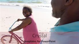  Presentation with happy retirement - Presentation theme having happy-african-american-senior-woman background and a violet colored foreground