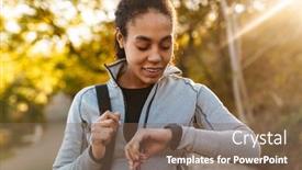  Presentation with smartwatch - Amazing PPT theme having happy-african-american-sportswoman-looking backdrop and a violet colored foreground