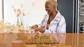  Presentation with quality life - Slide set consisting of happy-african-american-woman-cooking background and a gold colored foreground