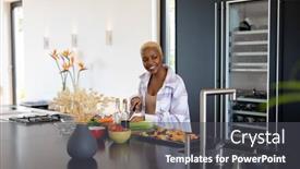 Presentation with quality life - Theme featuring happy-african-american-woman-cooking background and a dark gray colored foreground