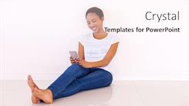  Presentation with smart home - Audience pleasing presentation design consisting of happy african american woman using smart phone at home backdrop and a pink colored foreground