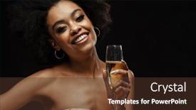  Presentation with champagne - Presentation theme featuring happy-african-american-woman background and a tawny brown colored foreground