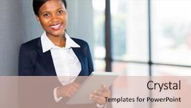  Presentation with tablet - Audience pleasing presentation design consisting of happy african businesswoman using tablet backdrop and a lemonade colored foreground