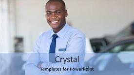  Presentation with salesman - PPT theme with happy african car salesman background and a light blue colored foreground