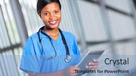  Presentation with children doctor african - Beautiful slide deck featuring happy african doctor using tablet backdrop and a light blue colored foreground