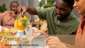  Presentation with christmas dinner - Theme having happy-african-guy-pouring-fresh background and a coral colored foreground