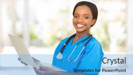  Presentation with medical worker - Slide set consisting of happy african medical worker holding background and a teal colored foreground