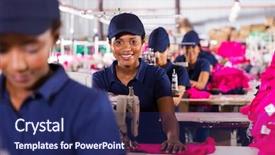  Presentation with production line - Beautiful presentation theme featuring happy african textile workers backdrop and a navy blue colored foreground