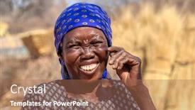  Presentation with village - PPT theme having happy-african-woman-laughing-wearing background and a coral colored foreground