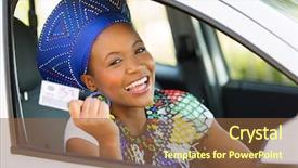  Presentation with woman car driver map - Slide deck consisting of happy african woman showing her background and a tawny brown colored foreground