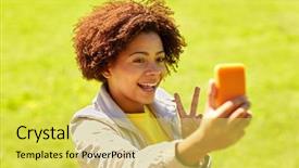  Presentation with happy smiling woman dental health - PPT layouts consisting of happy african woman taking selfie with smartphone background and a yellow colored foreground